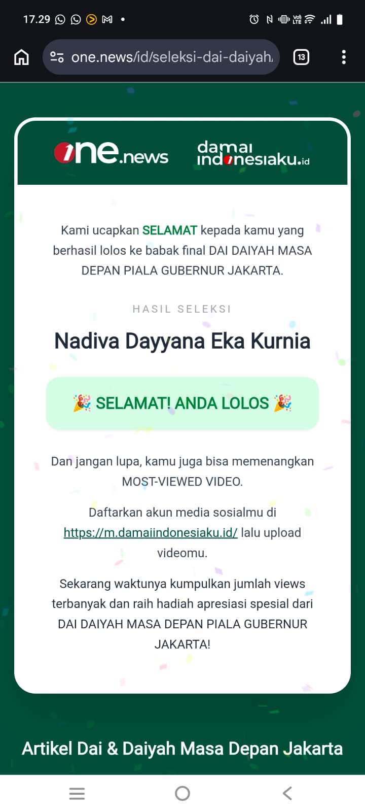 Selamat Kepada Nadiva Dayyana Eka Karunia Kelas X-7 Lolos Babak Final Piala Gubenur